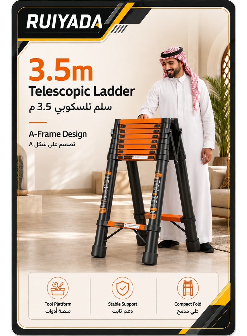RUIYADA Telescopic Ladder A Frame, 3.5m Compact Carbon Steel Extension Ladder, Portable Telescopic RV Ladder for Outdoor Campers Travel, RV with Tool Platform and Stabilizer Bar - Image 1