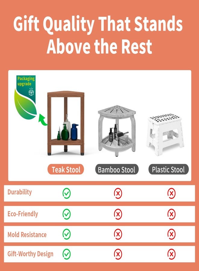 Samplife Corner Shower Stool for Shaving Legs, Teak Corner Shower Bench Stools for Inside Shower,Bathroom Shower Bench Seat Shower Foot Rest with Storage Shelf for Small Shower Spaces - Image 2