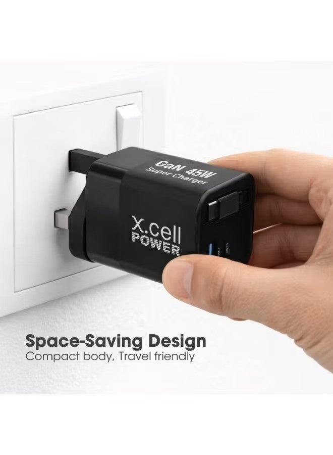 Xcell 45W GaN II USB-C Fast Charger with 65cm Retractable Cable, 3-Port Fast Charging (2 USB-C PD + USB-A QC 3.0), PPS Support, Compact Wall Charger for iPhone 16/17, Samsung & USB-C Devices, Black - Image 2