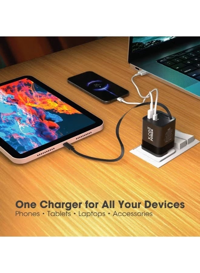 Xcell 45W GaN II USB-C Fast Charger with 65cm Retractable Cable, 3-Port Fast Charging (2 USB-C PD + USB-A QC 3.0), PPS Support, Compact Wall Charger for iPhone 16/17, Samsung & USB-C Devices, Black - Image 3