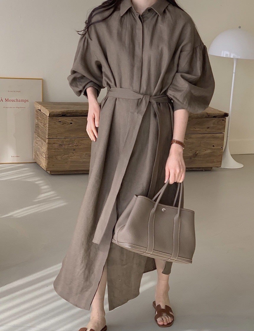 Generic South Korea Chic Spring Simple Lapel Single-Breasted Casual Loose  Lantern Sleeve Over The Knee Mid-Length Shirt Dress | Best Price UAE