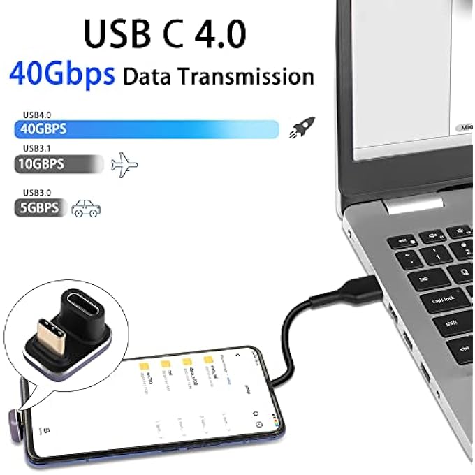 rayihni محول USB C بشكل U بقوة 240 واط وسرعة 40 جيجابت في الثانية، موصل USB4.0 نوع C ذكر إلى أنثى بزاوية 180 درجة، مؤشر LED، نقل الصوت والفيديو بدقة 8K@60HZ، للهواتف الذكية واللابتوبات والأجهزة اللوحية - Image 2