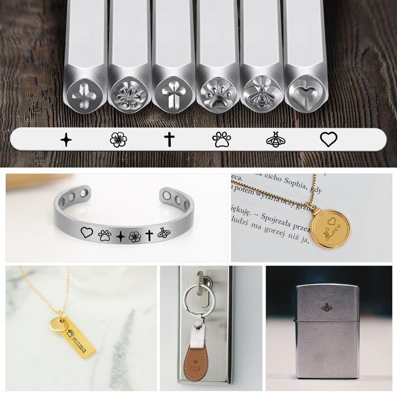 Yoption 6pcs Jewelry Metal Stamping Set, Heart Flower Star Paw Bee Cross Metal Stamps Punch Kit 4mm for Stamping Metal, Jewelry Working - Image 4