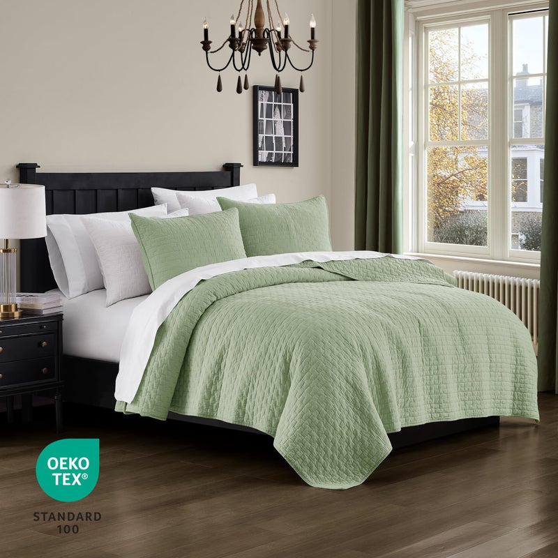 palassio Sage Green 100% Cotton Quilt King Size Bedding Sets with 2 Pillow Shams, Textured Lightweight Soft Bedspread Shabby Chic Coverlet, Quilted Comforter Bed Cover for All Season, 3 Pieces - Image 3