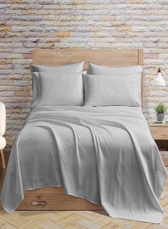 SGI bedding ملاءة سرير مسطحة من إس جي آي مع غطائي وسادة، مقاس كوين، لون رمادي فاتح سادة، عدد الخيوط 300، قطن مصري 100%، ناعمة، مقاومة للتجاعيد، سهلة العناية. - Image 1