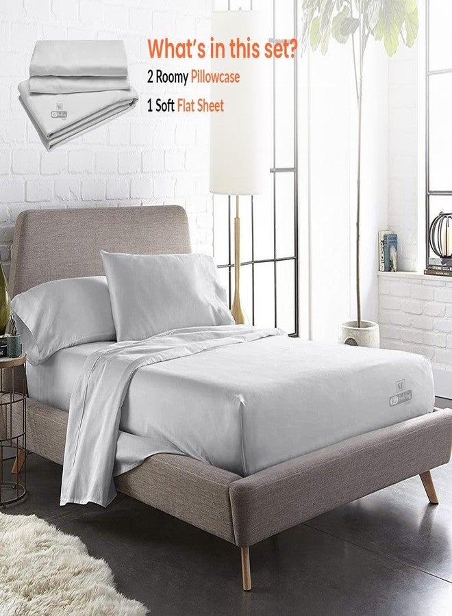 SGI bedding ملاءة سرير مسطحة من إس جي آي مع غطائي وسادة، مقاس كوين، لون رمادي فاتح سادة، عدد الخيوط 300، قطن مصري 100%، ناعمة، مقاومة للتجاعيد، سهلة العناية. - Image 2