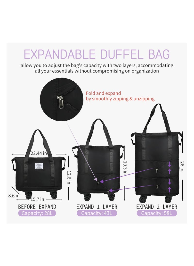 XiuWoo Rolling Duffle Bag with Wheels Expandable Foldable Duffle Bag with Wheels and Handle for Travel Rolling Luggage bag Carry on Duffel Bag, Wheeled Travel Duffle Bag Large Weekend Bag Black  - Image 2