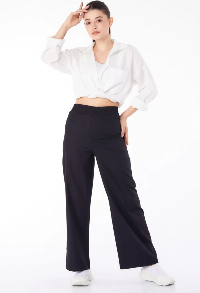 Tofisa Plain Mid Women's Black Elastic Waist Fabric Trousers - 25645