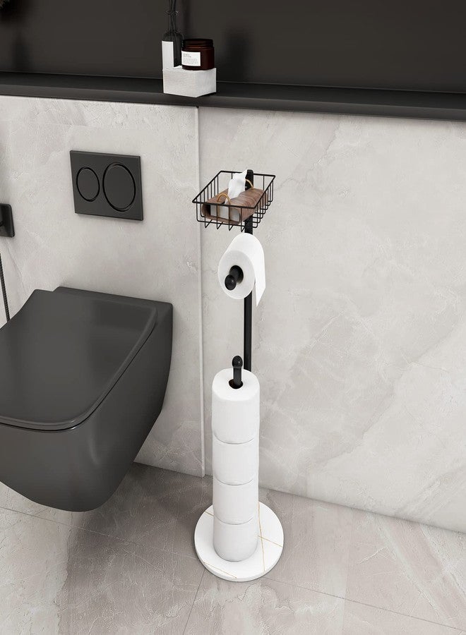 CLSYO Toilet Paper Holder Stand with Shelf, Free Standing Bathroom Toilet Tissue Holder with Reserve, Modern Heavyweight Marble Base for Jumbo Roll, Black - Image 1