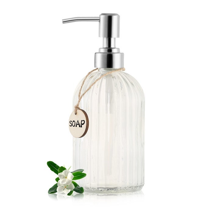 16 OZ SOAP DISPENSERTEMPERED GLASS CLEAR VERTICAL STRIPE WITH 304 RUST PROOF STAINLESS STEEL PUMP REFILLABLE LIQUID HAND SOAP DISPENSERFOR BATHROOM KITCHEN DISH SOAPLOTION CLEAR