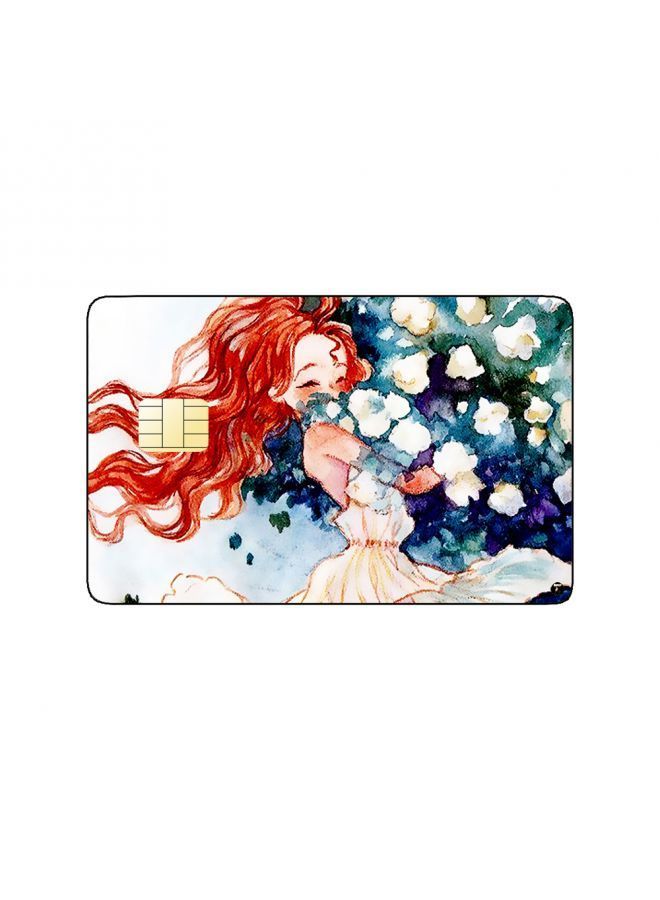 RKN PRINTED BANK CARD STICKER Cute Girl Drawing With Red Hair With Roses - Image 1