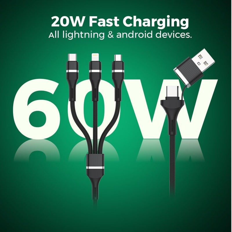 Trands 60W 3-in-1 Fast Charging Cable 1.2M TR-CA8476 USB to Type-C, Lightning & Micro USB Multi Charging Cord, Quick Charge QC Durable Braided Cable for iPhone Android Devices - Image 5