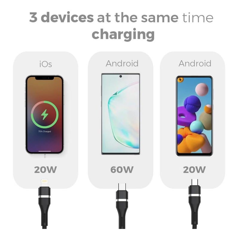 Trands 60W 3-in-1 Fast Charging Cable 1.2M TR-CA8476 USB to Type-C, Lightning & Micro USB Multi Charging Cord, Quick Charge QC Durable Braided Cable for iPhone Android Devices - Image 4