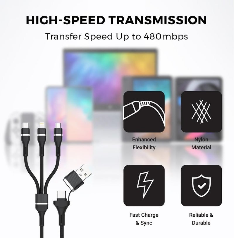 Trands 60W 3-in-1 Fast Charging Cable 1.2M TR-CA8476 USB to Type-C, Lightning & Micro USB Multi Charging Cord, Quick Charge QC Durable Braided Cable for iPhone Android Devices - Image 3