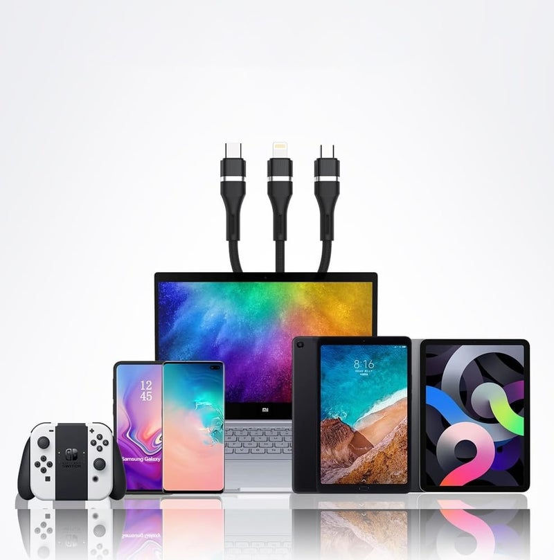 Trands 60W 3-in-1 Fast Charging Cable 1.2M TR-CA8476 USB to Type-C, Lightning & Micro USB Multi Charging Cord, Quick Charge QC Durable Braided Cable for iPhone Android Devices - Image 2
