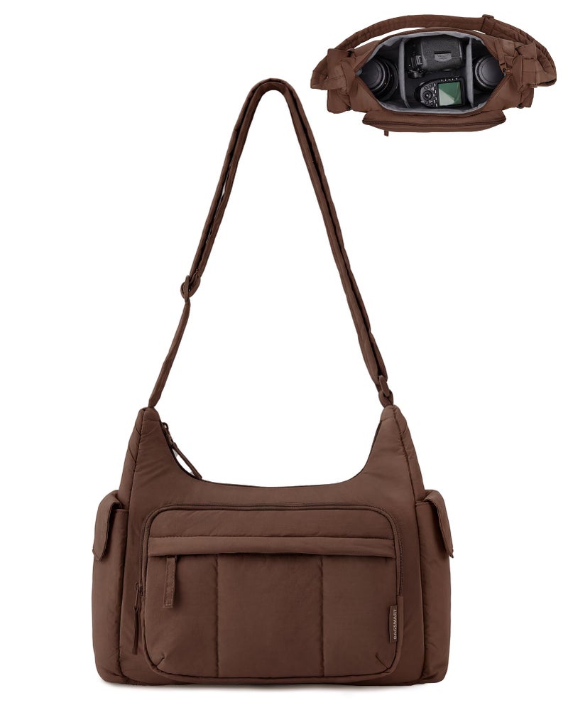 BAGSMART 2 in 1 Puffy Camera Sling Bag for Photographer Everyday Shoulder Crossbody Bag with Pockets Digital Camera Case for DSLRMirrorless Coffee Brown - Image 2