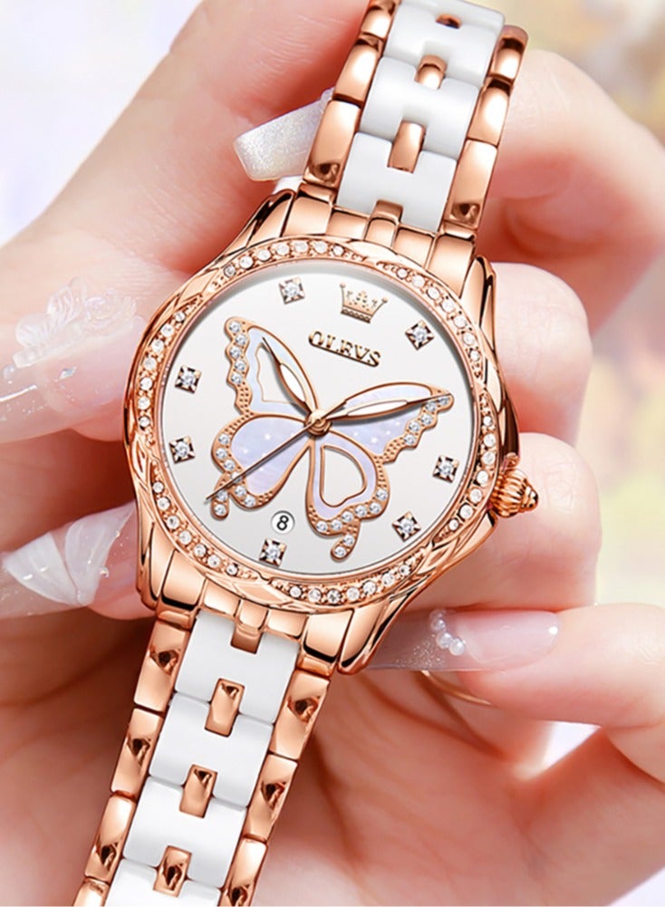OLEVS Women's Quartz Watch, Waterproof with Diamond-Studded Petal Bezel, Butterfly Dial, Stainless Steel & Ceramic Strap, High-Hardness Scratch-Resistant Crystal - Image 1