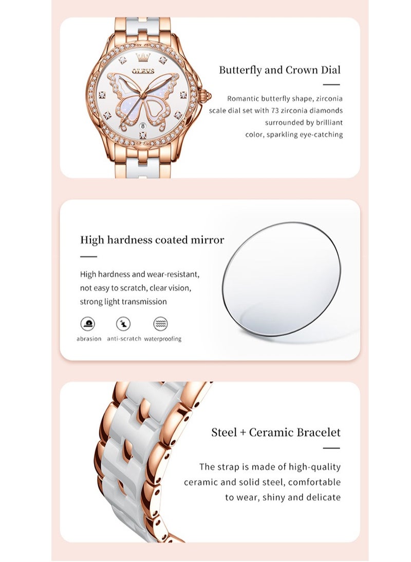 OLEVS Women's Quartz Watch, Waterproof with Diamond-Studded Petal Bezel, Butterfly Dial, Stainless Steel & Ceramic Strap, High-Hardness Scratch-Resistant Crystal - Image 2