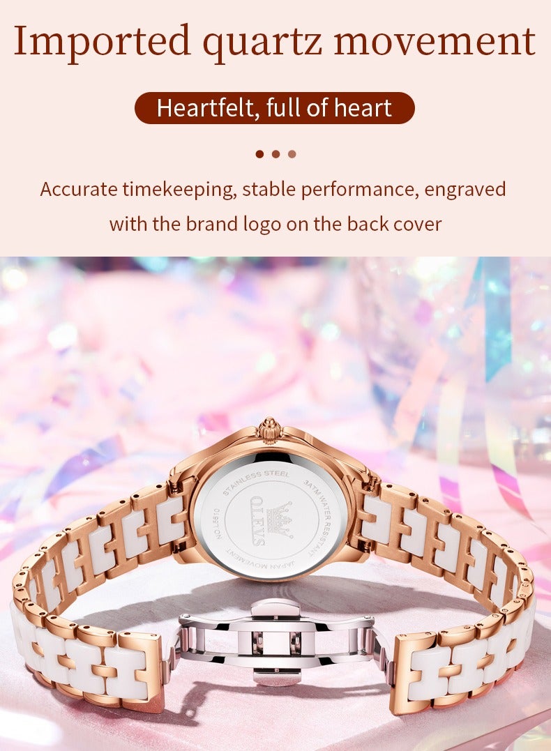 OLEVS Women's Quartz Watch, Waterproof with Diamond-Studded Petal Bezel, Butterfly Dial, Stainless Steel & Ceramic Strap, High-Hardness Scratch-Resistant Crystal - Image 4