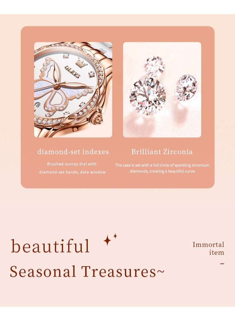 OLEVS Women's Quartz Watch, Waterproof with Diamond-Studded Petal Bezel, Butterfly Dial, Stainless Steel & Ceramic Strap, High-Hardness Scratch-Resistant Crystal - Image 5
