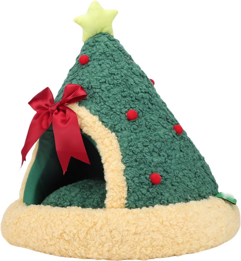 Cat Cave Bed, Xmas Tree Shape Semi Enclosed Cozy Cat Tent for Indoor Pets, Pet House with Warm Insulating Soft Fabric for Cats Kittens and Small Dogs - Image 3