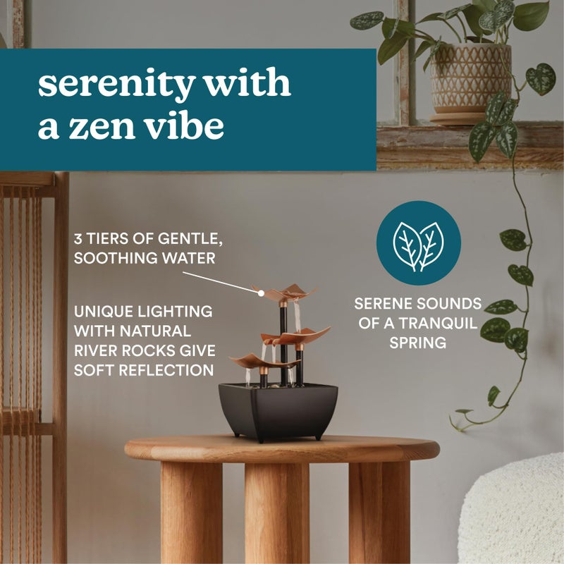 Homedics Golden Dew Relaxation Tabletop Water Fountain with 3 Tiers, Natural River Rocks, and a Quiet Pump for Soothing Zen Ambiance in Your Home or for Office DÃ©cor, Powered by 2 AA Batteries - Image 4