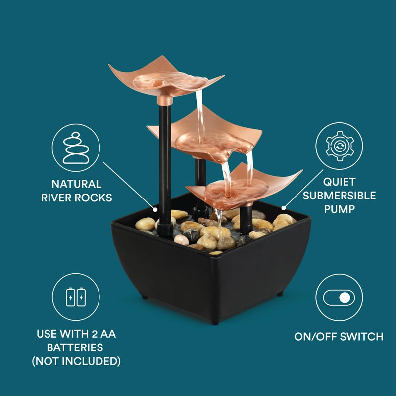 Homedics Golden Dew Relaxation Tabletop Water Fountain with 3 Tiers, Natural River Rocks, and a Quiet Pump for Soothing Zen Ambiance in Your Home or for Office DÃ©cor, Powered by 2 AA Batteries - Image 5
