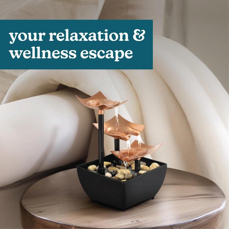 Homedics Golden Dew Relaxation Tabletop Water Fountain with 3 Tiers, Natural River Rocks, and a Quiet Pump for Soothing Zen Ambiance in Your Home or for Office DÃ©cor, Powered by 2 AA Batteries - Image 2