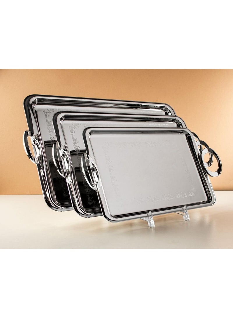 3-piece stainless steel serving tray set with a silver pattern