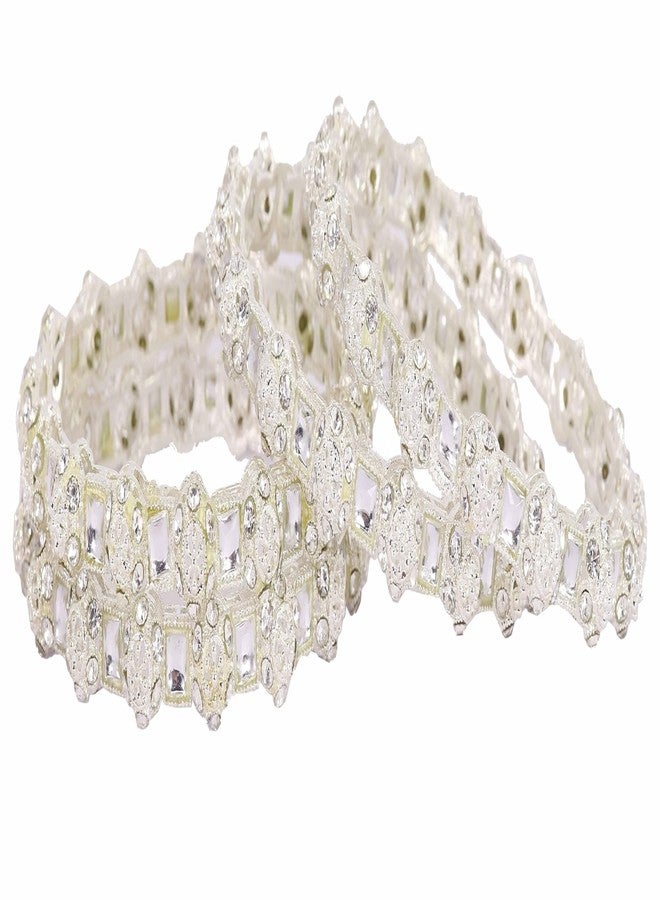 NMII طقم أساور NMII التقليدي المصنوع من سبيكة معدنية مرصع بأحجار الزركون وأحجار الكوندان للنساء والفتيات | كادا فاخر ومناسب للعرائس | سوار (NAB83-Silver-2.6) - Image 2