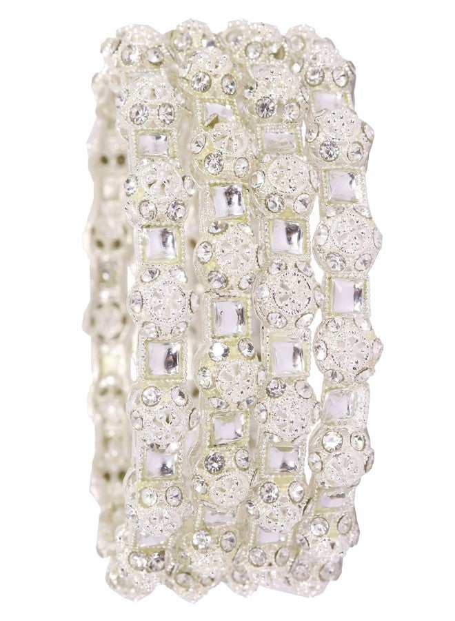 NMII طقم أساور NMII التقليدي المصنوع من سبيكة معدنية مرصع بأحجار الزركون وأحجار الكوندان للنساء والفتيات | كادا فاخر ومناسب للعرائس | سوار (NAB83-Silver-2.6) - Image 1