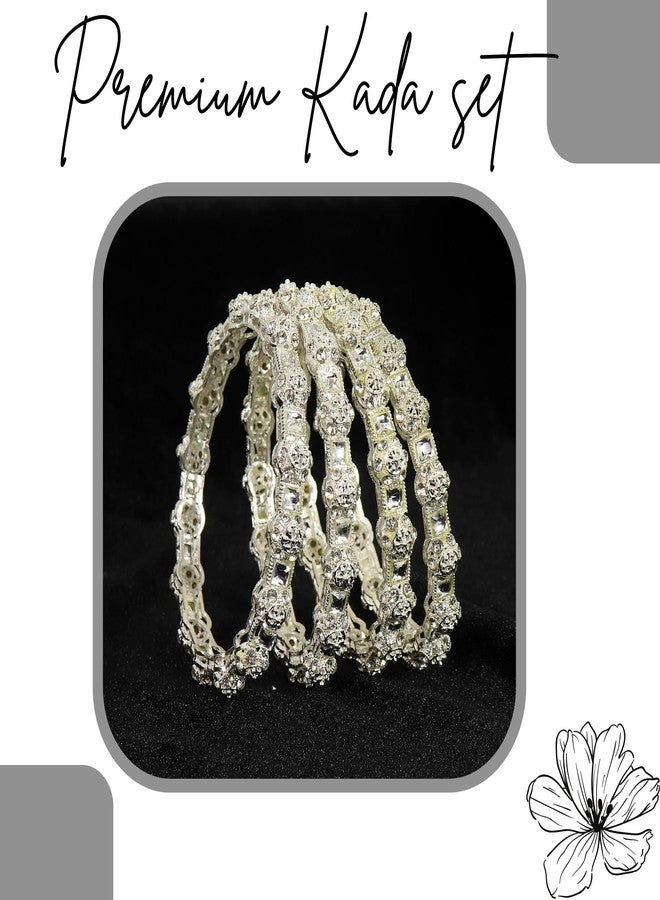 NMII طقم أساور NMII التقليدي المصنوع من سبيكة معدنية مرصع بأحجار الزركون وأحجار الكوندان للنساء والفتيات | كادا فاخر ومناسب للعرائس | سوار (NAB83-Silver-2.6) - Image 5