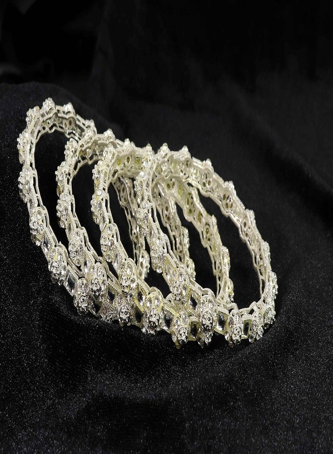 NMII طقم أساور NMII التقليدي المصنوع من سبيكة معدنية مرصع بأحجار الزركون وأحجار الكوندان للنساء والفتيات | كادا فاخر ومناسب للعرائس | سوار (NAB83-Silver-2.6) - Image 4