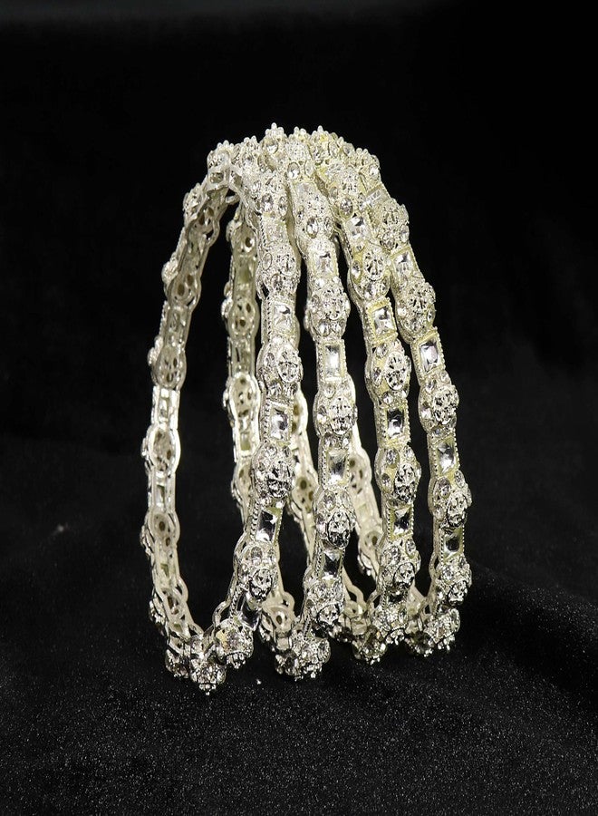 NMII طقم أساور NMII التقليدي المصنوع من سبيكة معدنية مرصع بأحجار الزركون وأحجار الكوندان للنساء والفتيات | كادا فاخر ومناسب للعرائس | سوار (NAB83-Silver-2.6) - Image 3