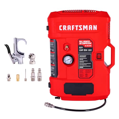 CRAFTSMAN Wall Mount Air Compressor With 7 PCS Accessory Kit, Tire Inflator Portable Air Compressor with Retractable 30ft Air Hose, Mini Tank 125 PSI MAX Pressure & 1.5 HP for Garage and Home - Image 1