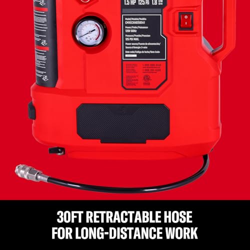 CRAFTSMAN Wall Mount Air Compressor With 7 PCS Accessory Kit, Tire Inflator Portable Air Compressor with Retractable 30ft Air Hose, Mini Tank 125 PSI MAX Pressure & 1.5 HP for Garage and Home - Image 4