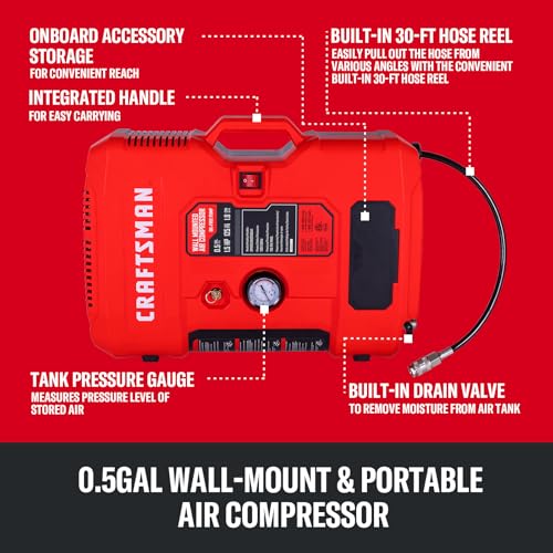 CRAFTSMAN Wall Mount Air Compressor With 7 PCS Accessory Kit, Tire Inflator Portable Air Compressor with Retractable 30ft Air Hose, Mini Tank 125 PSI MAX Pressure & 1.5 HP for Garage and Home - Image 2