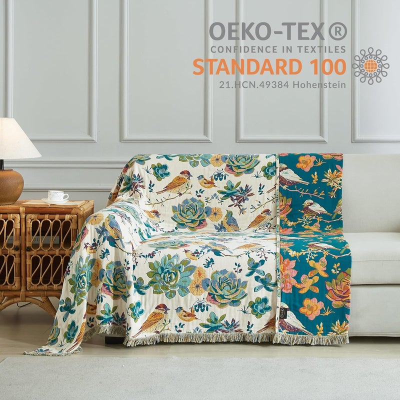 SE SOFTEXLY بطانية بأسلوب البوهو للسرير، مقاس 60" x 80"، مصنوعة من 100% قطن، مطبوعة بزخارف نباتية، مناسبة للأريكة، خفيفة الوزن وناعمة جدًا. - Image 4