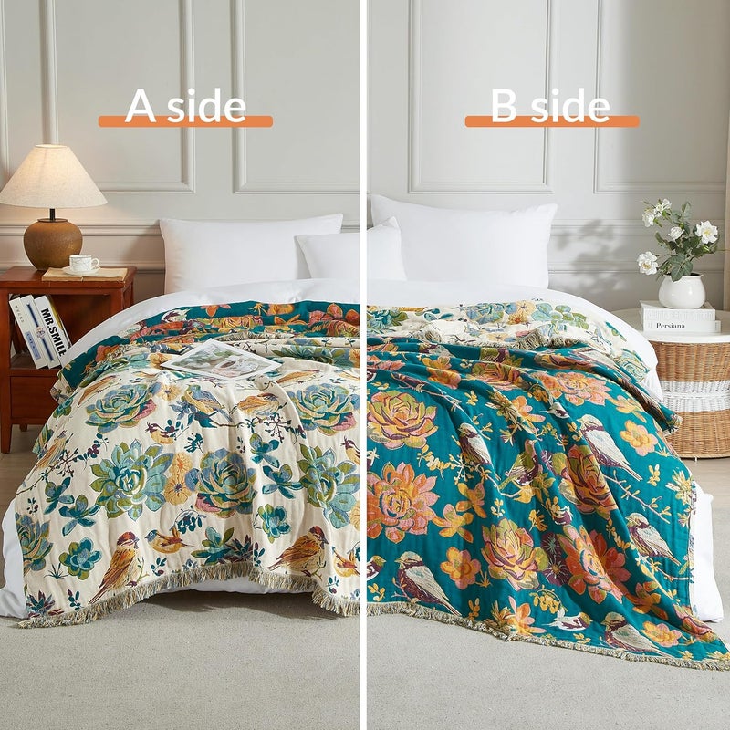 SE SOFTEXLY بطانية بأسلوب البوهو للسرير، مقاس 60" x 80"، مصنوعة من 100% قطن، مطبوعة بزخارف نباتية، مناسبة للأريكة، خفيفة الوزن وناعمة جدًا. - Image 2