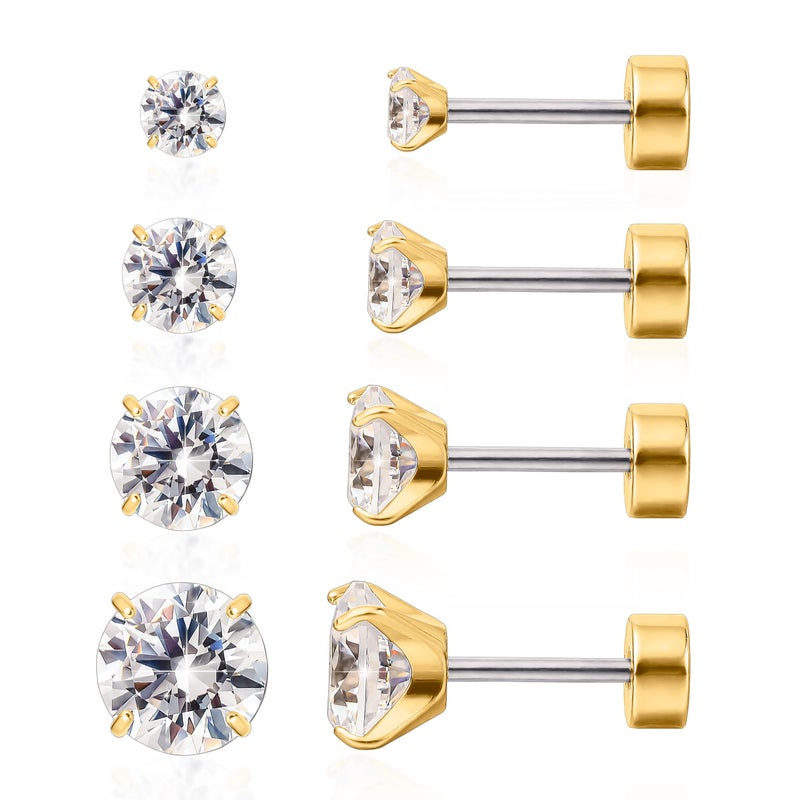 limerencia 4 Pairs G23 Hypoallergenic Flat Back Titanium Earrings Set for Women Men20G 36mm Screw Back Cubic Zirconia Studs Cartilage Earrings for Sensitive Ears
