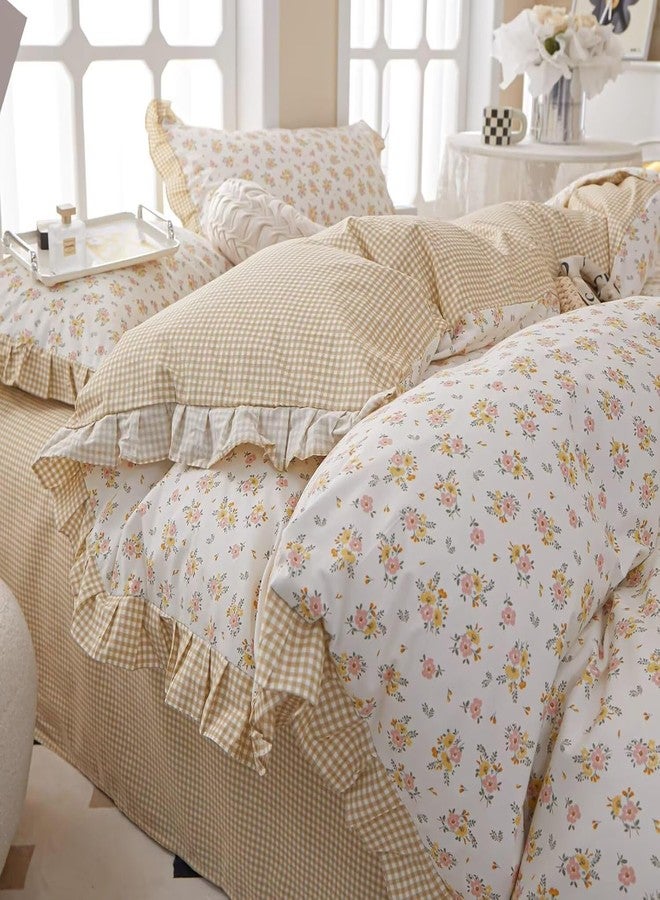 MKXI Queen Size Pink & Yellow Floral Ruffled Comforter Set - 3 Piece Cottagecore Style Reversible Bed Set with Beige Plaid Pattern, Soft Aesthetic Bedding Set for Girls Wome - Image 1