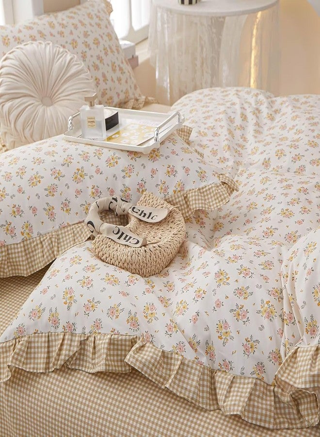 MKXI Queen Size Pink & Yellow Floral Ruffled Comforter Set - 3 Piece Cottagecore Style Reversible Bed Set with Beige Plaid Pattern, Soft Aesthetic Bedding Set for Girls Wome - Image 5