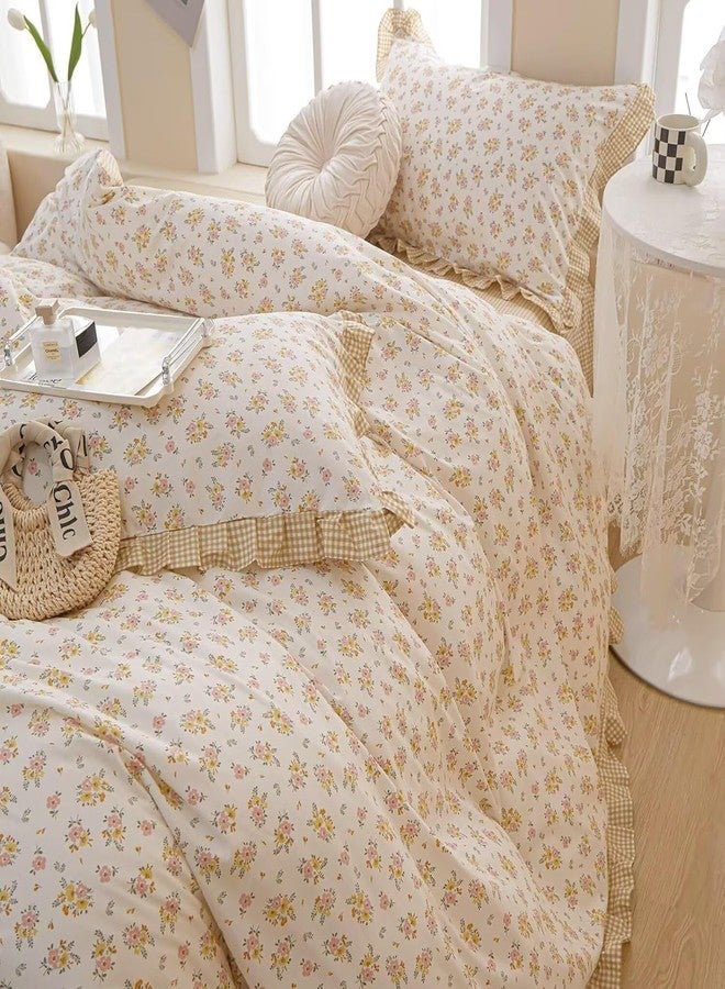 MKXI Queen Size Pink & Yellow Floral Ruffled Comforter Set - 3 Piece Cottagecore Style Reversible Bed Set with Beige Plaid Pattern, Soft Aesthetic Bedding Set for Girls Wome - Image 4