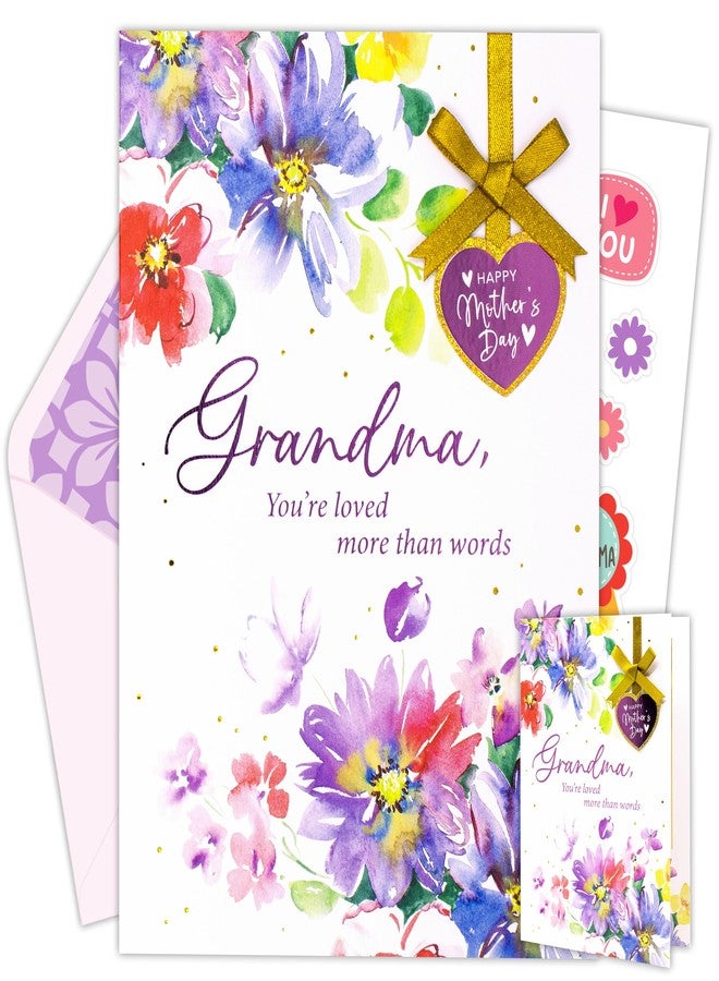 Decorably Gold and Pink Foiled 5x7in Happy Mothers Day Card for Grandma with Gold Ribbon and Die-Cut Heart Charm with Envelope and Stickers, Textured Design for Granny From Kids with Printed Message - Image 1