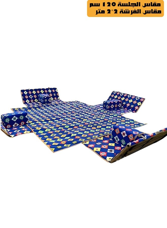 كادي ون مجموعة جلوس أرضية تراثية مكونة من 9 قطع مناسبة للسفر والرحلات البرية والحديقة , طقم فرشة تخييم ارضية مع اربع مراكى و 4 كراسي بمقاس 120 سم وبساط من القماش عالي الجودة بمقاس 2*2 متر يكفي ل 8 أشخاص