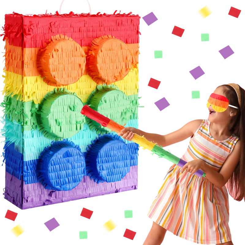PullCrease Building Blocks Piata Bundle Includes Fiesta Piata with Blindfold Bat Stick Confetti 16 Inch Party Piatas for Birthday Party Kids Mexican Cinco De Mayo Supplies Set of 4 - Image 2