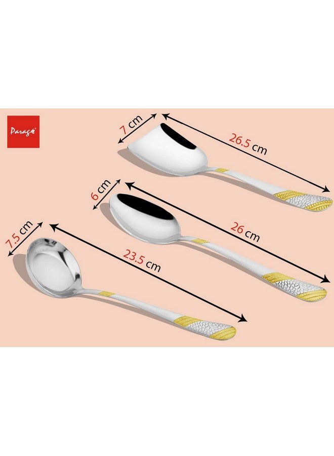 Parage 5 Pieces Stainless Steel Golden Serving Spoon Set for Dining Table/Kitchen, 1.8 mm Heavy Gauge (2 Soup Ladle (Karchi), 2 Solid Spoon (Chamcha), 1 Rice Spoon), 24k Gold (Pack of 5) - Image 2