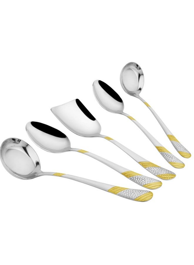 Parage 5 Pieces Stainless Steel Golden Serving Spoon Set for Dining Table/Kitchen, 1.8 mm Heavy Gauge (2 Soup Ladle (Karchi), 2 Solid Spoon (Chamcha), 1 Rice Spoon), 24k Gold (Pack of 5) - Image 1