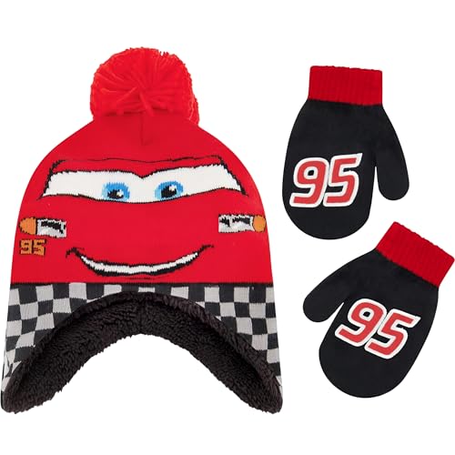 Disney Boys Winter Hat And Mitten Set, Cars Lightning McQueen Toddler Beanie For Ages 2-4, Red/Black/White - Image 1