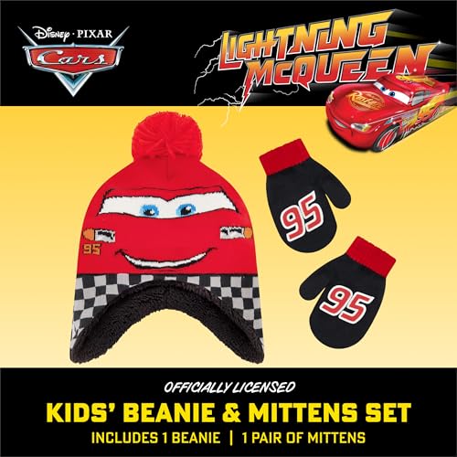 Disney Boys Winter Hat And Mitten Set, Cars Lightning McQueen Toddler Beanie For Ages 2-4, Red/Black/White - Image 2